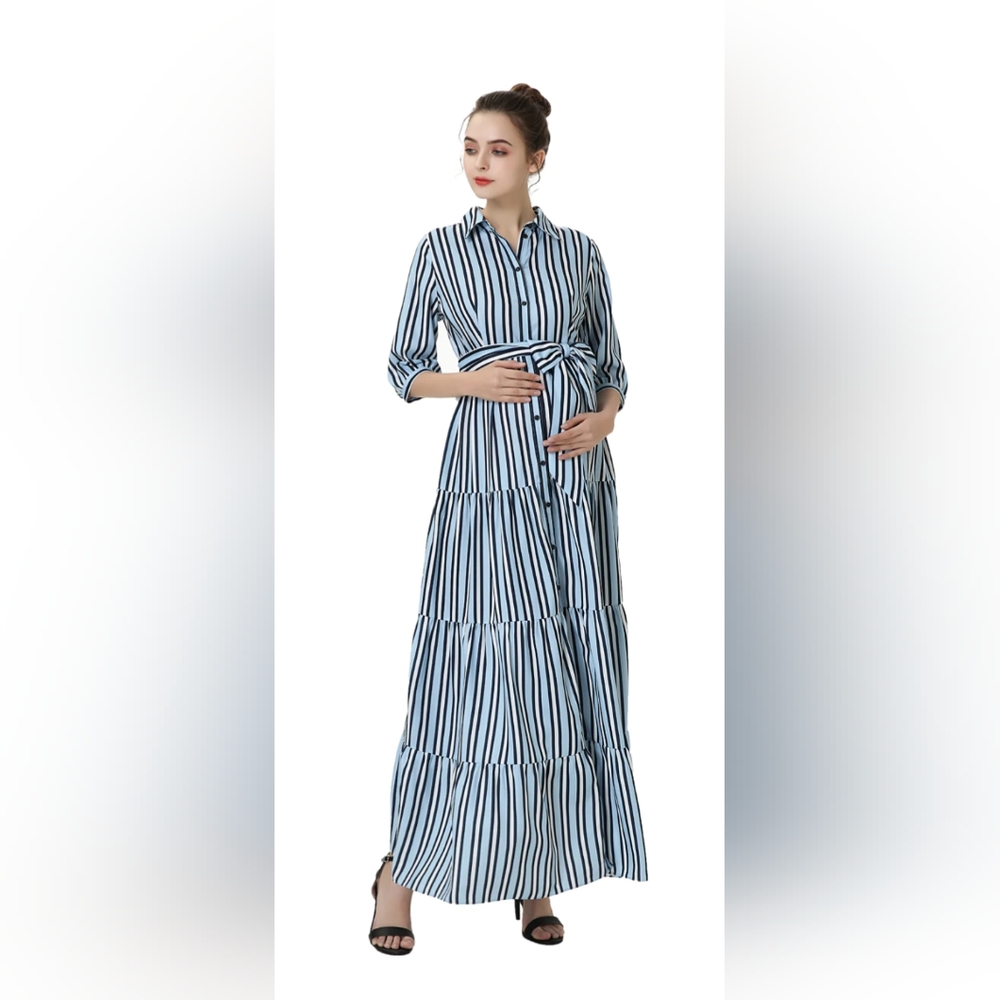 Kimi+Kai Nordstrom Ruby Stripe Belted Maternity/Nursing Maxi Dress L